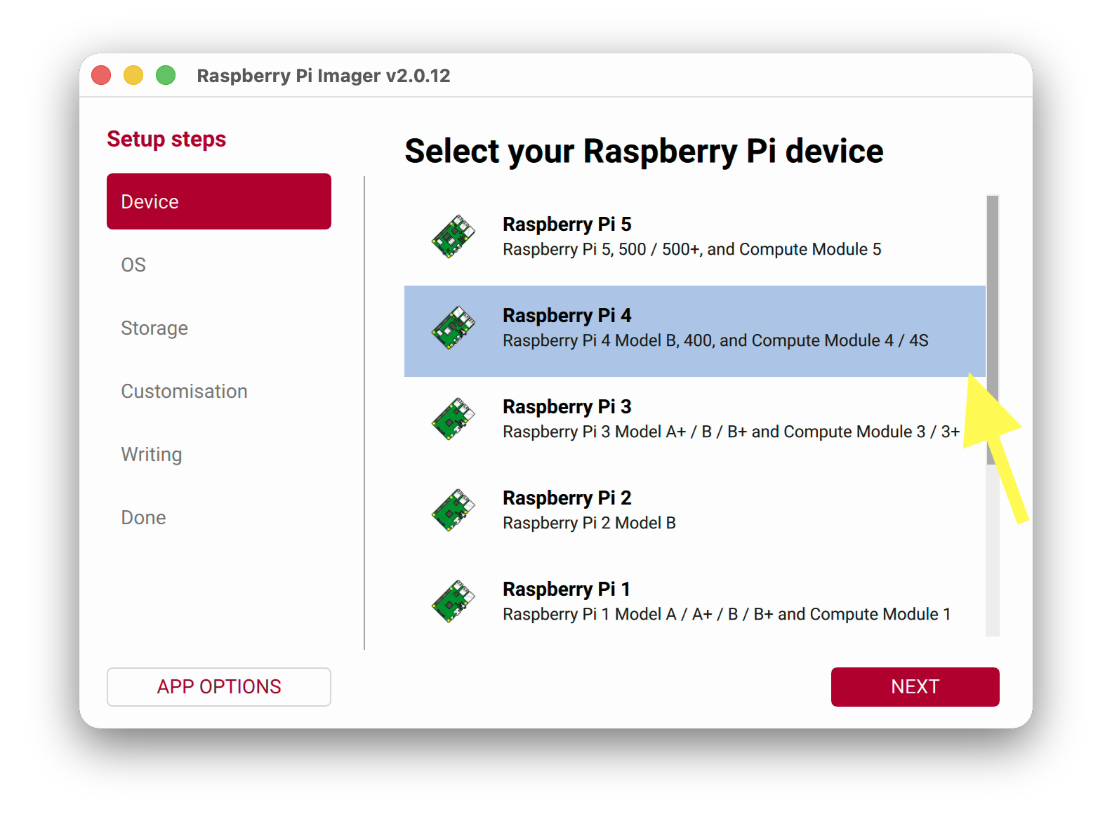 Select Raspberry Pi 4