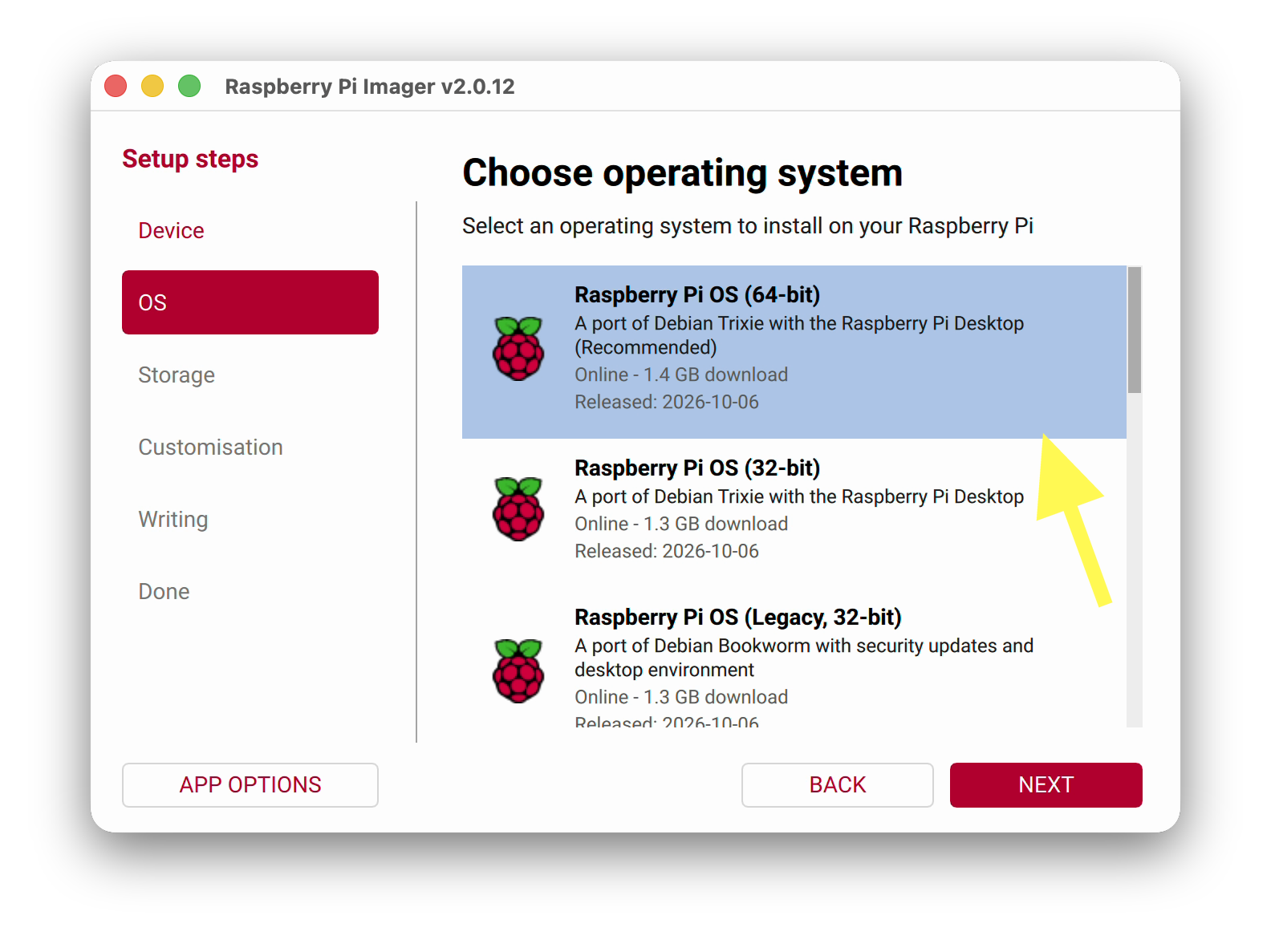 Select Raspberry Pi OS 64-bit