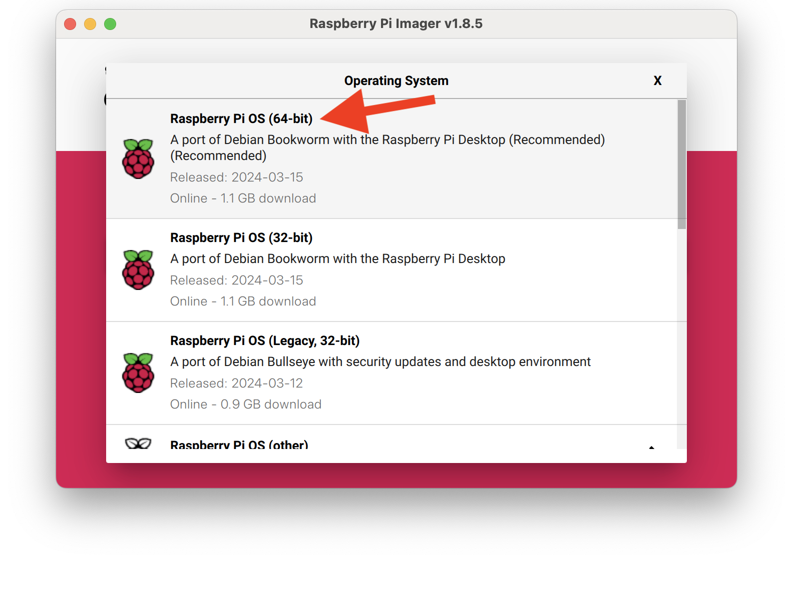 Select Raspberry Pi OS 64-bit